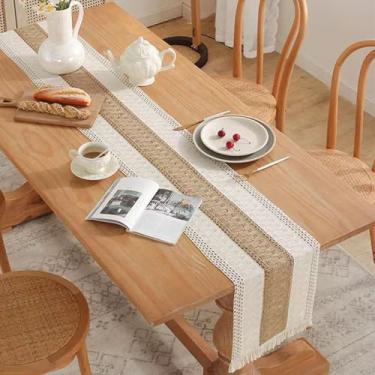 Imagem de Caminho de mesa com padrão geométrico Boho Farmhouse de 29 × 130 cm com textura tecida e borda de franja para mesa de jantar, cozinha ou console estilo de casa (damasco)