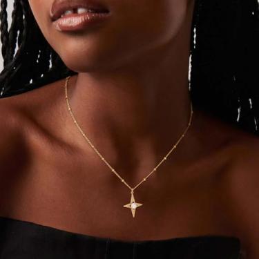 Imagem de Colar feminino com pingente de estrela de ouro delicado banhado a ouro 14 K, simples, minimalista, delicado, feito à mão, moda Jewe, Medium, Latão, Sem Pedra Preciosa