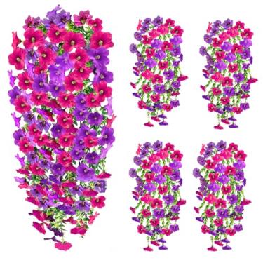 Imagem de FUTBER Plantas artificiais de flores falsas para decoração de outono ao ar livre, 4 peças de videiras resistentes a UV para plantação externa de casa, varanda, pátio, mães, decoração de outono (roxo e