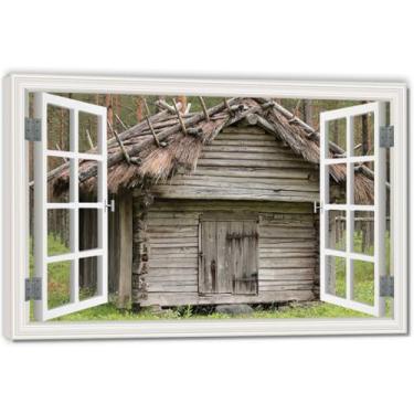 Imagem de Tela de janela falsa para casa de madeira limpa que economiza espaço, arte de parede cênica realista para quarto, casa, 39,9 x 59,9 cm emoldurada