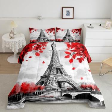 Imagem de Manfei Conjunto de edredom casal Torre Eiffel, romântico marco de Paris, estilo francês, 3 peças, para adolescentes, folhas vermelhas, ponte, barco, ponte, edredom desenhado à mão, 2 fronhas