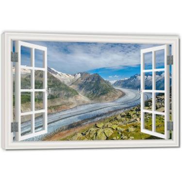 Imagem de Impressão em tela de ilusão de janela falsa CurvedArtistic, arte de parede com vista panorâmica real para sala de estar 50 x 75 cm emoldurada