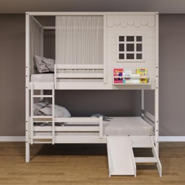 Imagem de Beliche Casinha Reta Com Grade Removível Escorregador E Cortina Madeira Maciça Branco Housin