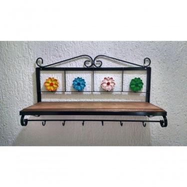 Imagem de Prateleira Cozinha Ferro Flores Madeira 60 Cm Largura