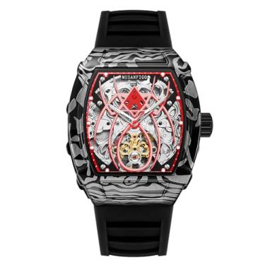 Imagem de MUSANFIGO Relógio masculino em forma de barril de vinho, série Spider, relógio mecânico totalmente automático, à prova d'água, com luz noturna, moda, Preto, vermelho