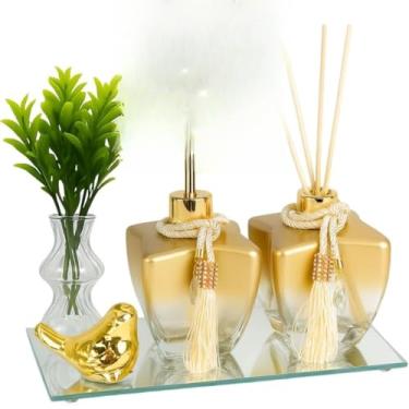 Imagem de Kit Banheiro Lavabo Frascos de Vidro Estrela 280ml Decoração Super Luxo C/Bandeja London(Degrade Dourado Pássarinho)