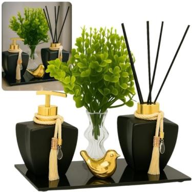 Imagem de Kit Banheiro Lavabo Frascos de Vidro Estrela 280ml Decoração Super Luxo C/Bandeja London(Preto fosco Pássarinho)