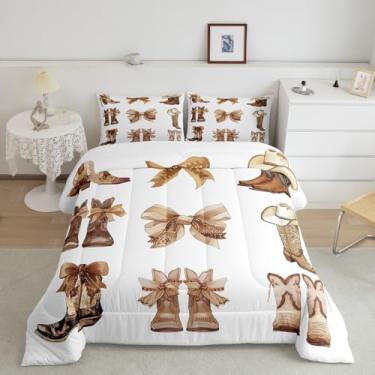 Imagem de Feelyou Conjunto de edredom solteiro com laço, borboleta e nó de príncipes, para meninos e meninas, adolescentes, estilo ocidental, decoração ocidental, conjunto de edredom marrom