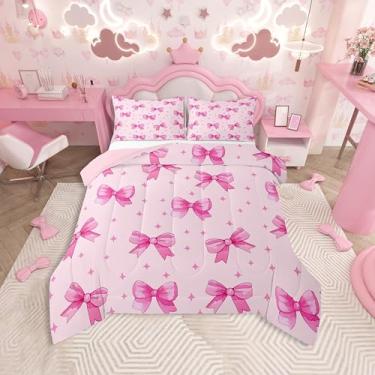 Imagem de Feelyou Conjunto de edredom com laço de estrela rosa para todas as estações, conjunto de cama com laço e laço coquete, microfibra, roupa de cama de solteiro, laços fofos, para decoração de quarto