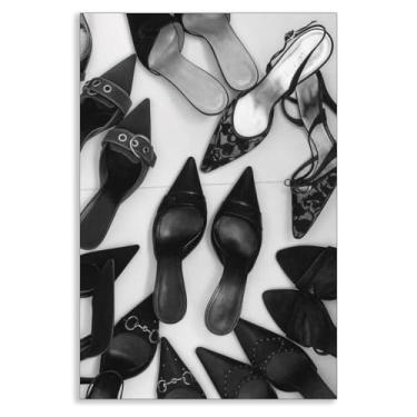Imagem de Nanxiwofee Arte de parede em tela preta e branca, pôster estético de salto alto de luxo vintage, imagem chique de sapatos estilo Estocolmo, estampa moderna de salto alto para dormitório feminino 30 x
