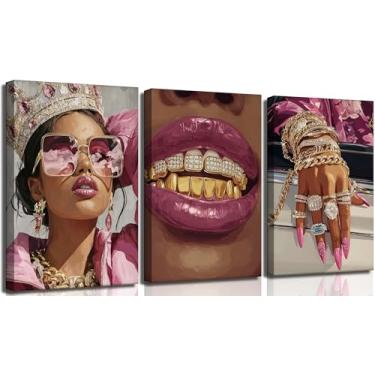 Imagem de 3 peças de arte de parede em tela rosa preta menina luxo afro-americano decoração de parede imagens modernas moda mulher quarto impressão para casa quarto sala de estar decoração banheiro