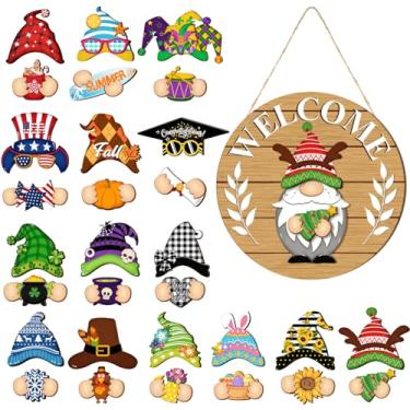 Imagem de Qunclay Decoração de gnomo de madeira intercambiável, decorações sazonais de gnomo com peças magnéticas e chapéus destacáveis, placa de boas-vindas mutável para casa (Tawny)