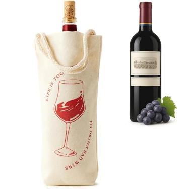 Imagem de Jacob Bicerri Bolsa reutilizável de algodão para presente de vinho com alça de corda – Sacola de garrafa de tecido ecológica com impressão em vidro – Porta-vinho lavável elegante para presentes