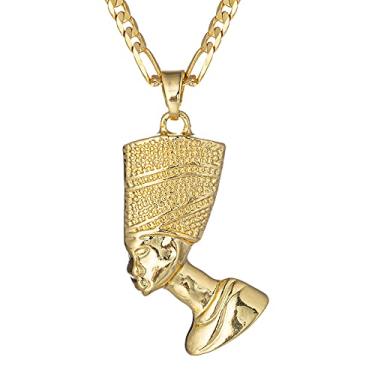 Imagem de kelistom Colar com pingente de rainha egípcia Nefertiti para mulheres | Colar com pingente banhado a ouro 18 K | Colar de corrente fígaro de 3 mm 45,7 cm (18/22"), Cobre, Zircônia cúbica