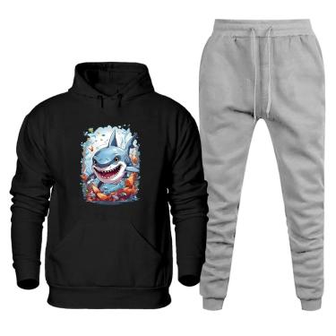 Imagem de Conjunto Moletom Canguru Estampa Tubarao Plus Size Masculino Confortavel