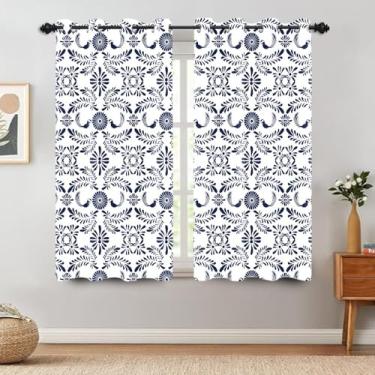 Imagem de TTQYFNM Cortinas de janela mexicanas Talavera vintage de porcelana azul e branca com estampa floral, tratamentos de janela, decoração para quarto, sala de estar, cozinha, ilhós, blackout para janela