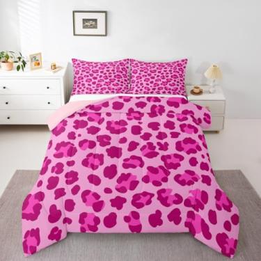 Imagem de Feelyou Conjunto de edredom rosa choque com estampa de leopardo para todas as estações, conjunto de cama com 2 fronhas, microfibra safári, roupa de cama queen, para decoração de quarto de guepardo