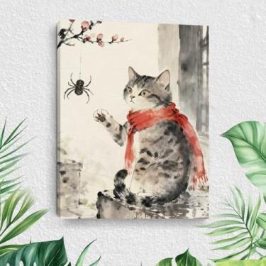 Imagem de Arte de parede em tela de gato, pinturas emolduradas a tinta, decoração de parede, cena da natureza e amantes de gatos, imagem para sala de estar, sala de jantar, decoração de casa para galeria, sala