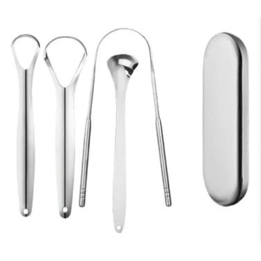 Imagem de Kit Raspador para Limpeza Língua 4 peças em Aço Inox com Estojo para Adultos e Crianças o uso Correto Previne Mau Hálito e Problemas gastrointestinais relacionados à boca, Infecções Orais e Halitose.