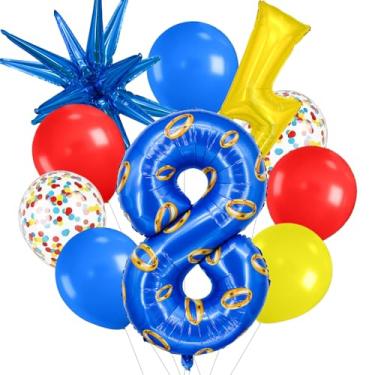 Imagem de Zailo 40-inch Red, Blue and Yellow Number large Balloons with Exploding Stars and Lightning, Cartoon Hedgehog Birthday Decorations, Video Game Themed Balloons for Boys Birthday Party (Number 8)