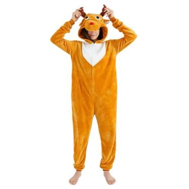 Imagem de ressber Macacão unissex para adultos, macacão de pijama de animal, fantasia de Halloween, Natal, pijama, Rena-1, Large