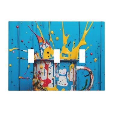 Imagem de LuHuoLu Placa decorativa para interruptor de luz, respingos, tinta colorida, prancha de madeira azul, placa de parede de 3 grupos, placa de cobertura de interruptor triplo grande para decoração de