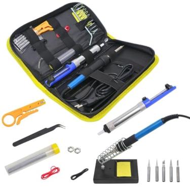 Imagem de Kit de Solda Elétrica Profissional 60W 220V - 14 - Peças Soldagem para Componentes Eletrônicos - Suporte - Sugador - Estanho - Acessórios em Estojo