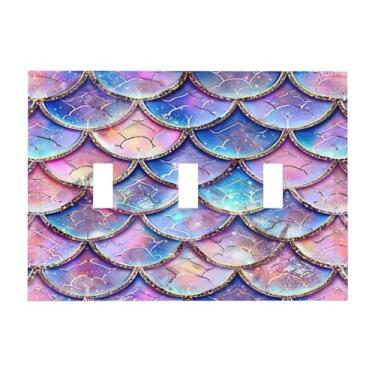 Imagem de SGEDAO Capas decorativas para interruptores placa fofa rosa roxa sereia escalas 3 gangues placa de parede artística placa de interruptor de luz tripla exclusiva placa jumbo para quarto de namorada