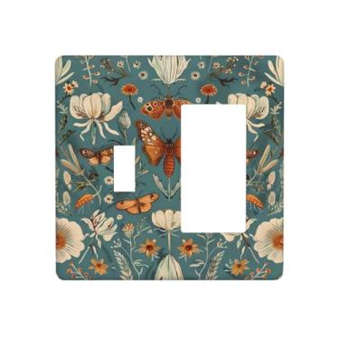 Imagem de DWBGUO Capas de tomada decorativas com borboleta rústica flor branca em fundo azul design 2 Gang 1 Gang placa de parede interruptor de interruptor de luz interruptor de interruptor capa para decoração