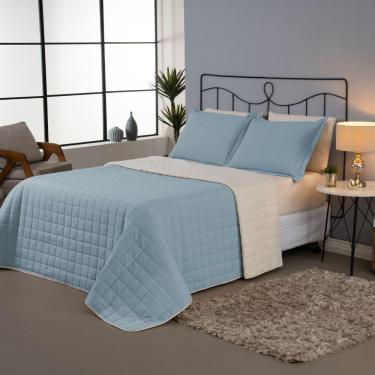 Imagem de Kit Cobre Leito Matelado Dupla Face Sherpa De Carneiro 3 Peças Casal Percal 180 Fios Azul