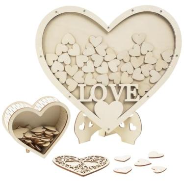 Imagem de Livro de visitas de casamento de madeira rústica com 65 fichas de coração, alternativa de assinatura de moldura criativa, decoração de casamento personalizada