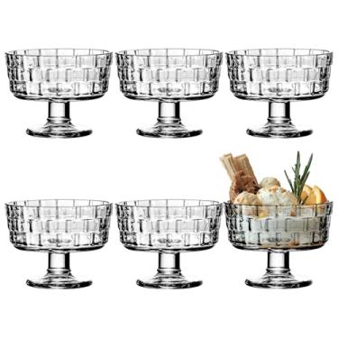 Imagem de 6 tigelas de sobremesa de vidro com pés, copos de sorvete de vidro transparente de 188 ml com padrão de gravação quadrada para bagatela, pudim, salada de frutas