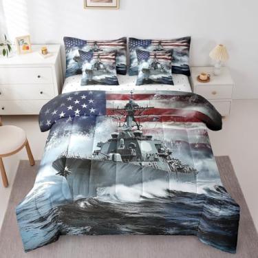 Imagem de Conjunto de edredom King com 7 peças, navio de guerra 3D, navio de combate do exército, ondas do oceano para meninos e homens, listras geométricas da bandeira americana (edredom + lençol de cima + 2
