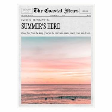 Imagem de Summer's Here - Pôsteres de impressão em tela de surfe estilo jornal vintage, arte de parede costeira preto e branco, decoração de vibração de praia para casa, apartamento ou barraca de surfe 28 x 35