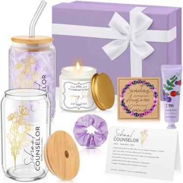 Imagem de Teenyyou Caixa de presente de agradecimento de conselheiro escolar de Natal, 10 peças, com copo de vidro, pulseira de vela, creme para as mãos, elásticos de cabelo para a semana internacional de
