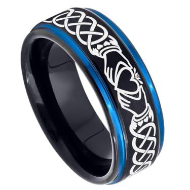 Imagem de Anel de tungstênio Celtic Claddagh - Aliança de casamento de carboneto de tungstênio azul e IP escovado em 2 tons - Anel de aniversário de ajuste confortável de 8 mm, Metal, Sem pedra preciosa