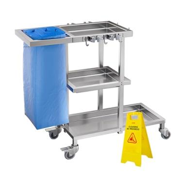 Imagem de Carrinho de limpeza comercial de aço inoxidável com 3 prateleiras com rodas e saco de vinil (C)