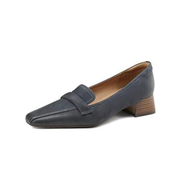 Imagem de TinaCus Sapato mocassim feminino casual de salto baixo grosso feito à mão de couro legítimo com bico fino, Azul, 35