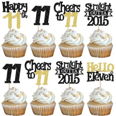 Imagem de 30 Pack Straight Outta 2015 Cupcake Toppers Glitter Hello Eleven Happy 11st Birthday Cupcake Picks Cheers to 11 Years Cake Decorations for Boys Girls 11st Birthday Party Supplies Black Gold