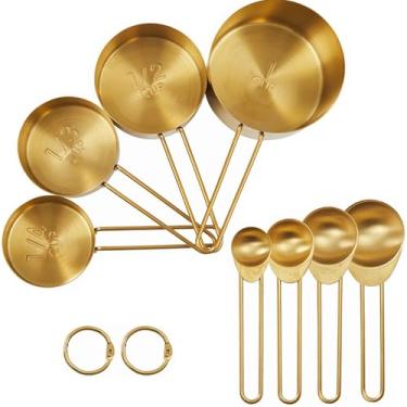 Imagem de Conjunto de 8 peças de copos e colheres de medição - Conjunto de colheres de medição de metal dourado de aço inoxidável conjunto de medidas de cozinha para cozinha/comida/cozimento (8, conjunto de aço