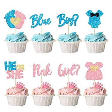 Imagem de 24 peças de enfeite de cupcake para meninos ou meninas, pés com glitter, vestido de macacão revelador de gênero, palhetas de cupcake rosa ou azul, decorações de bolo para chá de bebê, revelação de