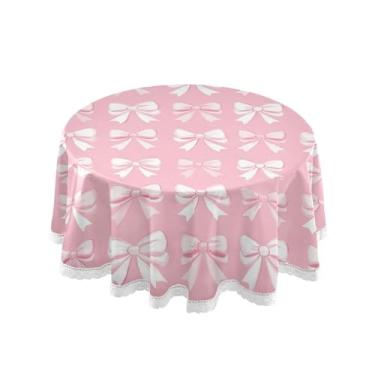 Imagem de SEHANY Toalha de mesa redonda com laço rosa de 152 cm, tecido lavável sem rugas, toalha de mesa decorativa de renda para restaurante, casamento, acampamento, festa de cinco de maio
