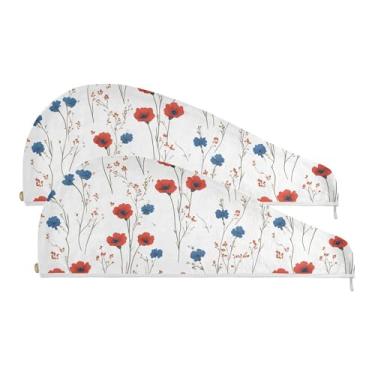 Imagem de SEHANY Toalha de cabelo de microfibra de flores coloridas elegantes para mulheres, 2 peças, turbantes de cabelo de secagem rápida com botão, touca de cabelo seco absorvente toalha de secagem de cabelo