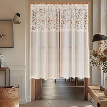 Imagem de Cortina transparente de renda bege para cozinha, bordada, floral, filtro de luz, voile, cortinas de janela para sala de estar, quarto, cortina de tule, vintage, rústica, divisória de quarto, bolso de
