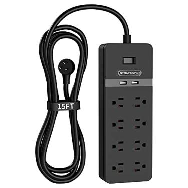 Imagem de Flat Plug Extension Cord 15Ft - NTONPOWER 8 Outlets Surge Protector Power Strip with 2 USB, Overload Protection, 1080 Joules, ETL Listed, 15A/1850W, Wall Mountable for Home Office and Workbench, Black