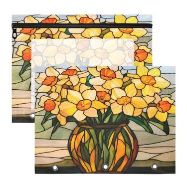 Imagem de SEHANY Pasta de lápis de flores de jardim com 3 anéis - bolsa de documentos com zíper tamanho A4 com janela transparente para sala de aula, escritório, 2 peças