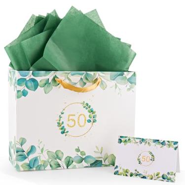 Imagem de Yiran Sacos de presente de folhas de eucalipto, bolsa de aniversário de 50 anos com papel e cartões de presente, decoração de festa de aniversário de 50 anos para homens