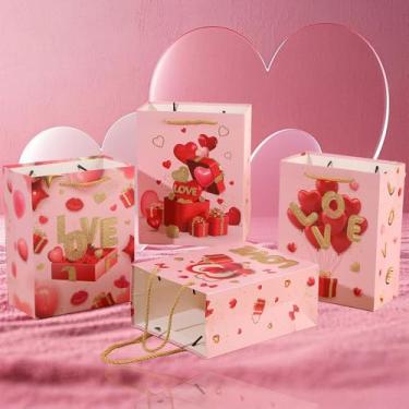 Imagem de 4 peças tema dia dos namorados em forma de coração saco de presente amor biscoitos doces festa presente embalagem alças saco suprimentos de casamento, 23 x 18 x 10 cm