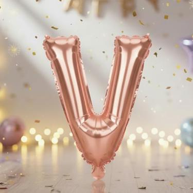 Imagem de Balões grandes com letras em ouro rosa de 81 cm V, balões de alumínio preenchidos com hélio Mylar Vlphabet para festas de aniversário e decorações comemorativas, suprimentos de decoração de festa em