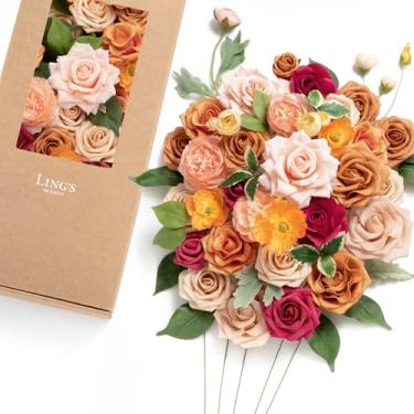 Imagem de Ling's Moment Caixa de flores falsas, hastes artificiais artificiais de espuma, rosas, peônia de seda para decoração de casamento, decorações de mesa, arranjos florais, laranja e pêssego macio, combo
